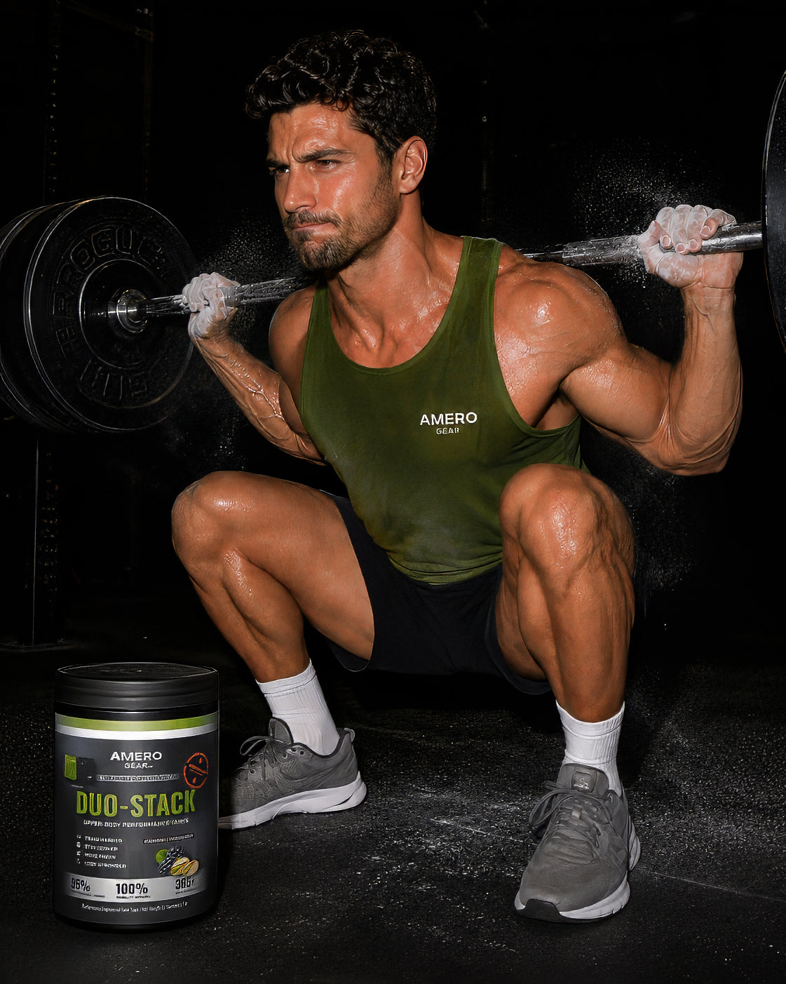 Man lifting weights with a container of AMERO Duo-Stack supplement in the foreground.
