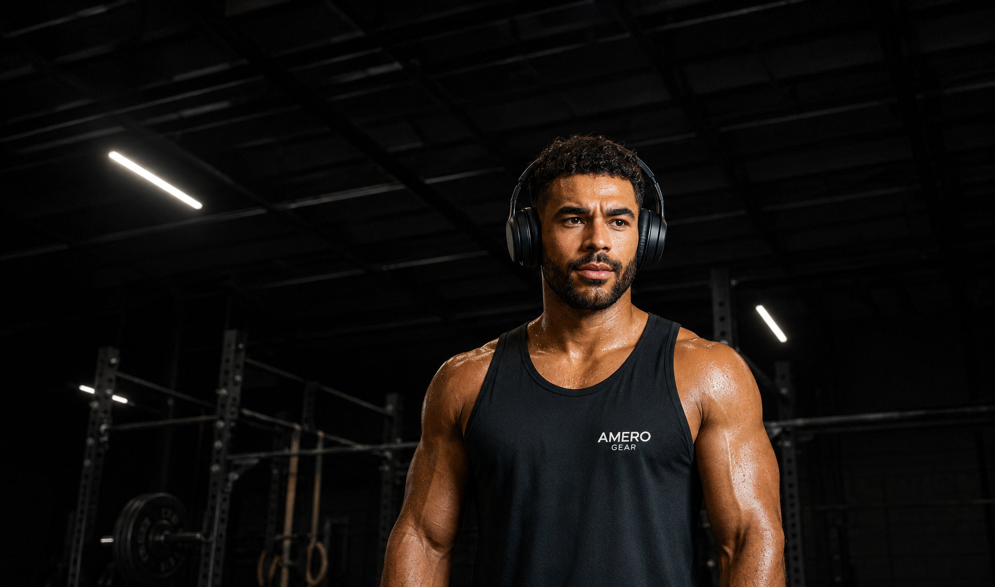 Man wearing a black tank top with 'Amero Gear' branding in a gym setting