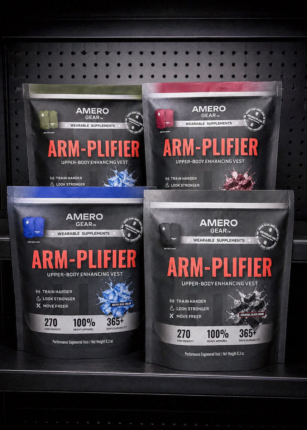 Four packages of Amero Gear ARM-Plifier on a black pegboard background