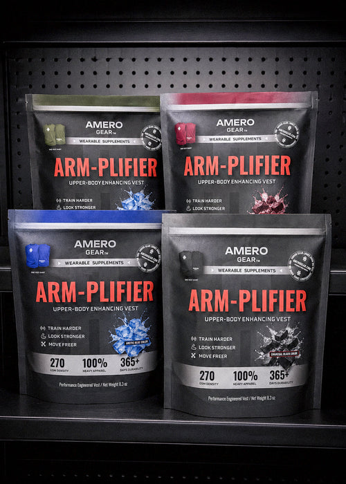 Four packages of Amero Gear ARM-Plifier on a black pegboard background