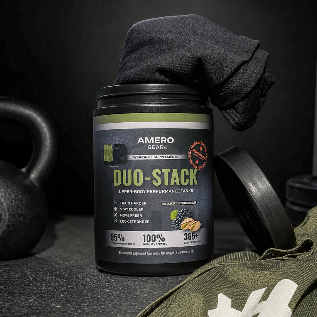 Amero Gear Duo-Stack supplement container with fitness equipment in the background